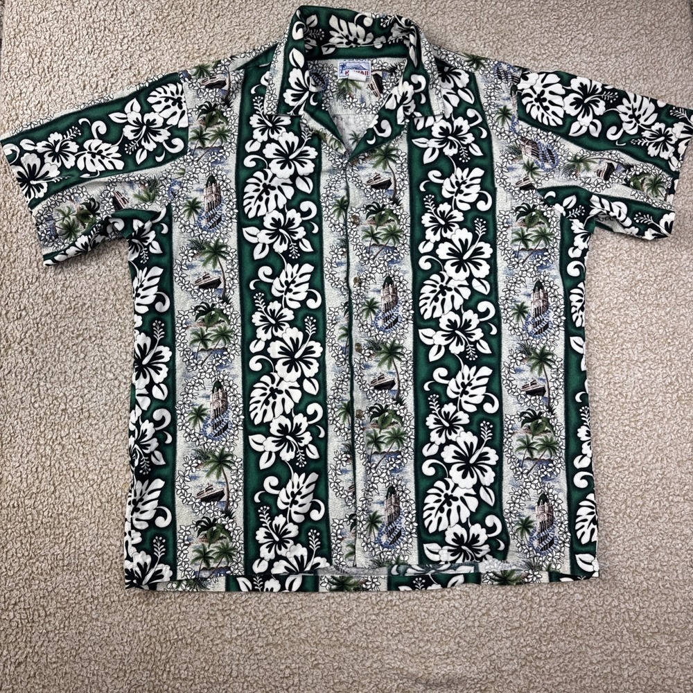 Vintage Hawaii Brand USA Made Hawaiian Green Cruise Floral Tropical Shirt XL
